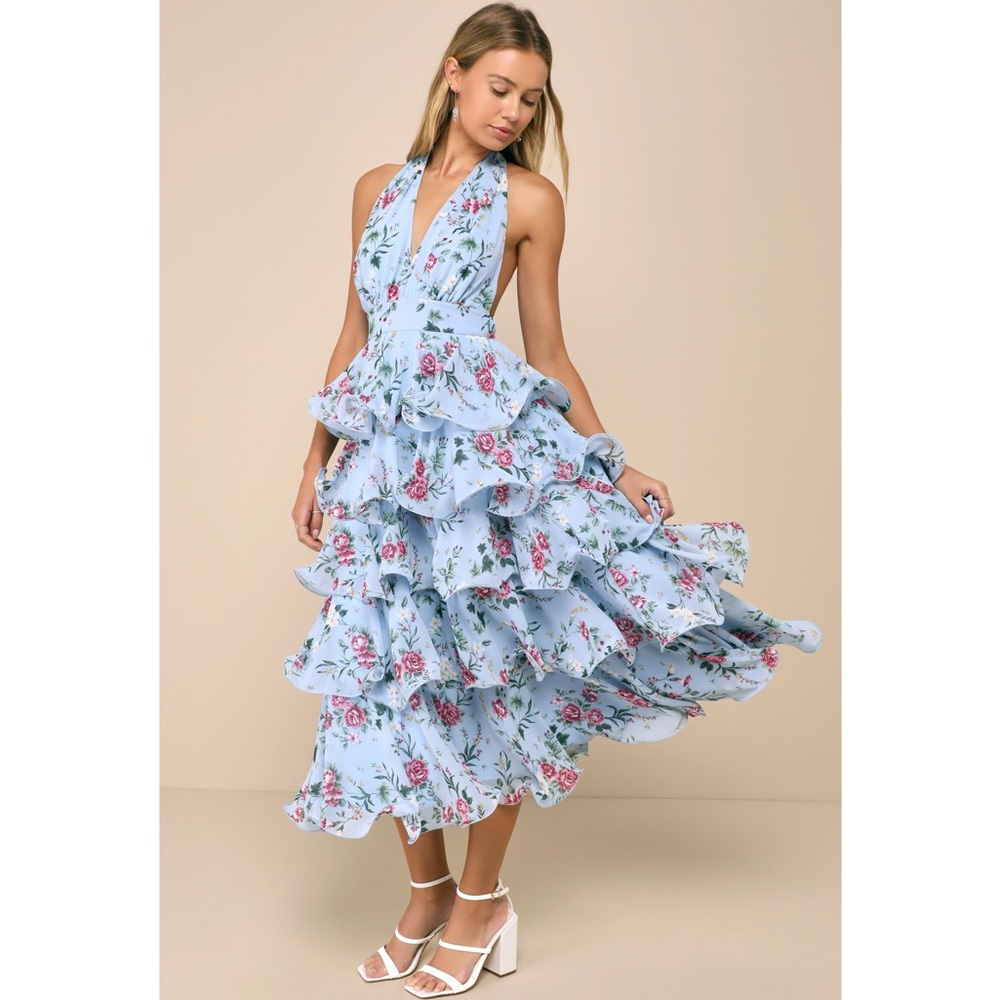Lulu's Light Blue Floral Halter Ruffled Midi Dress